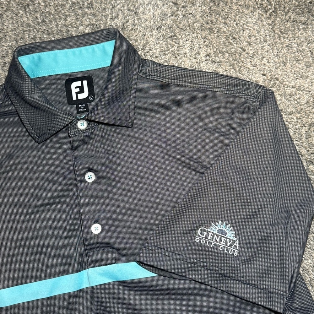Footjoy Golf Polo Shirt Houndstooth Grey With Blue Stripe Mens Large Geneva